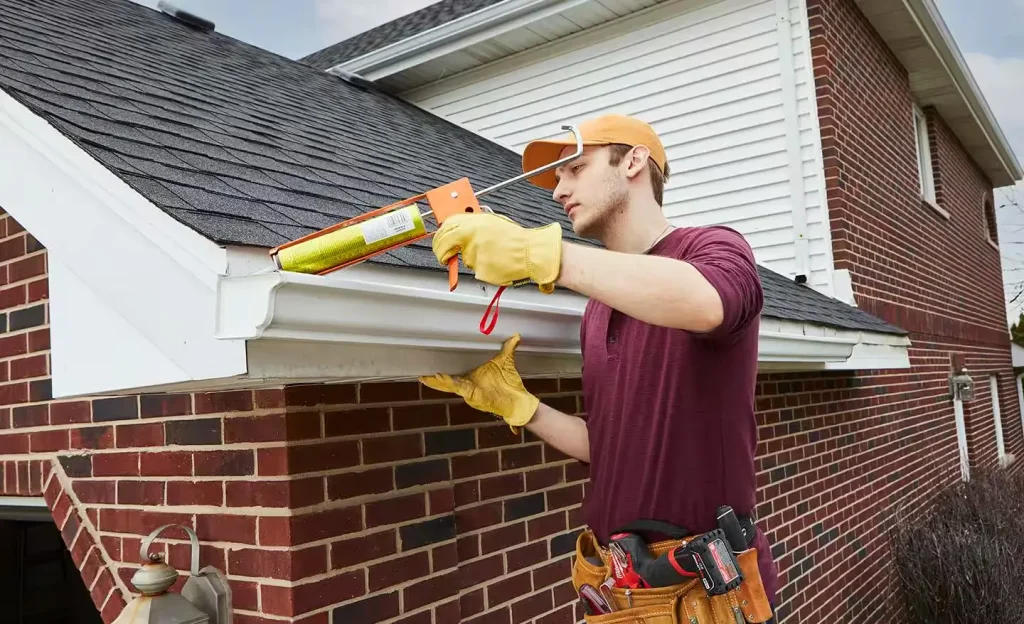 Close-up of water dripping from a gutter seam, showing a leaking joint that needs repair or seamless replacement.