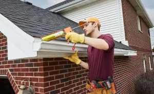 Close-up of water dripping from a gutter seam, showing a leaking joint that needs repair or seamless replacement.